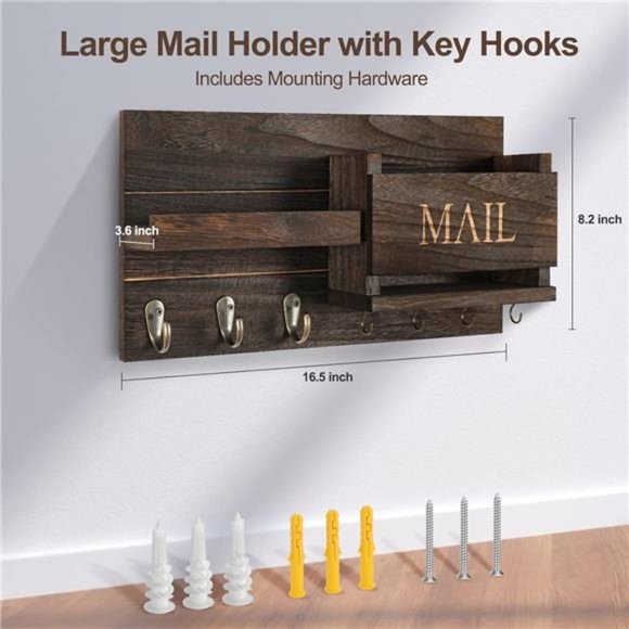 Mail Organizer for Wall Mount–KeyHolder with Shelf Includes Letter Holder &Hooks - Picture 2 of 8